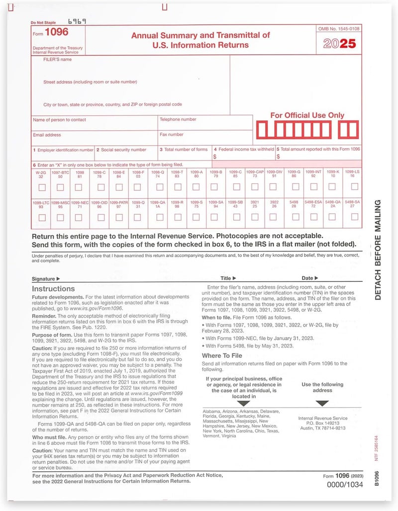 NextDayLabels - 1096 Transmittal Tax Forms, for Laser or Inkjet Printers, Quickbooks and Other Accounting Software Compatible (Pack of 10 - for 2025) - Image 1
