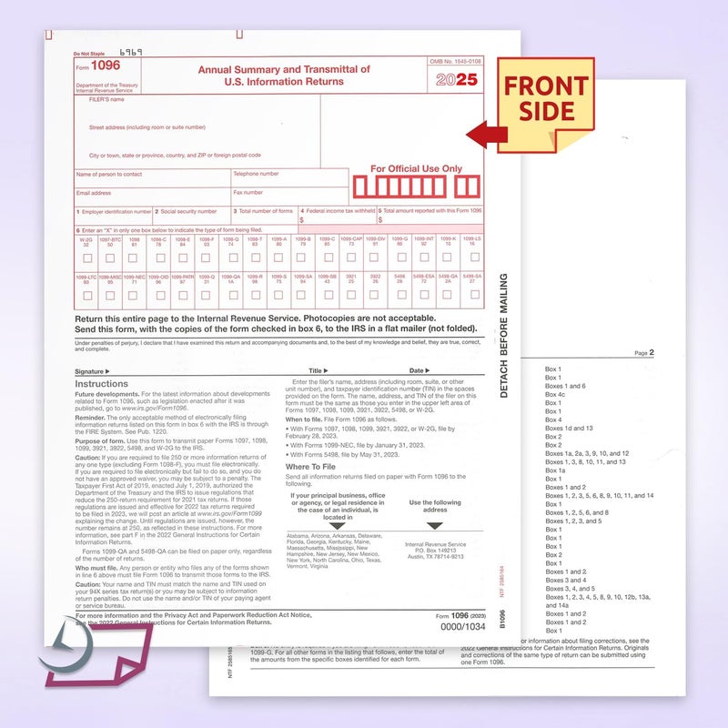NextDayLabels - 1096 Transmittal Tax Forms, for Laser or Inkjet Printers, Quickbooks and Other Accounting Software Compatible (Pack of 10 - for 2025) - Image 2