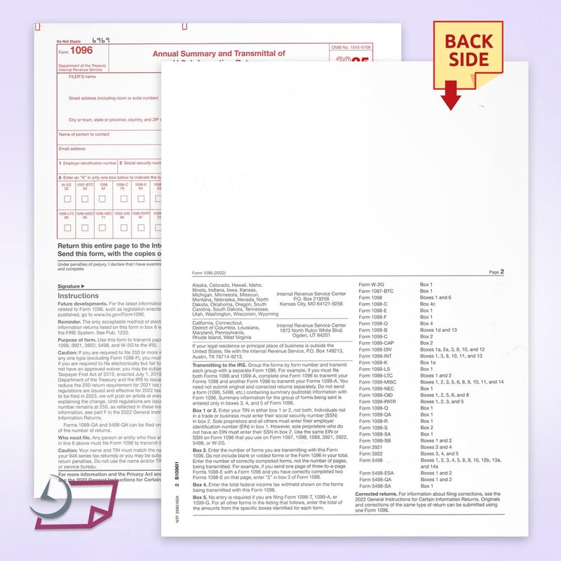 NextDayLabels - 1096 Transmittal Tax Forms, for Laser or Inkjet Printers, Quickbooks and Other Accounting Software Compatible (Pack of 10 - for 2025) - Image 3