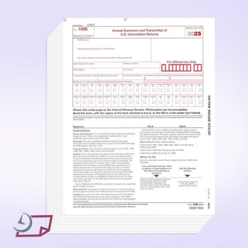 NextDayLabels - 1096 Transmittal Tax Forms, for Laser or Inkjet Printers, Quickbooks and Other Accounting Software Compatible (Pack of 10 - for 2025) - Image 4