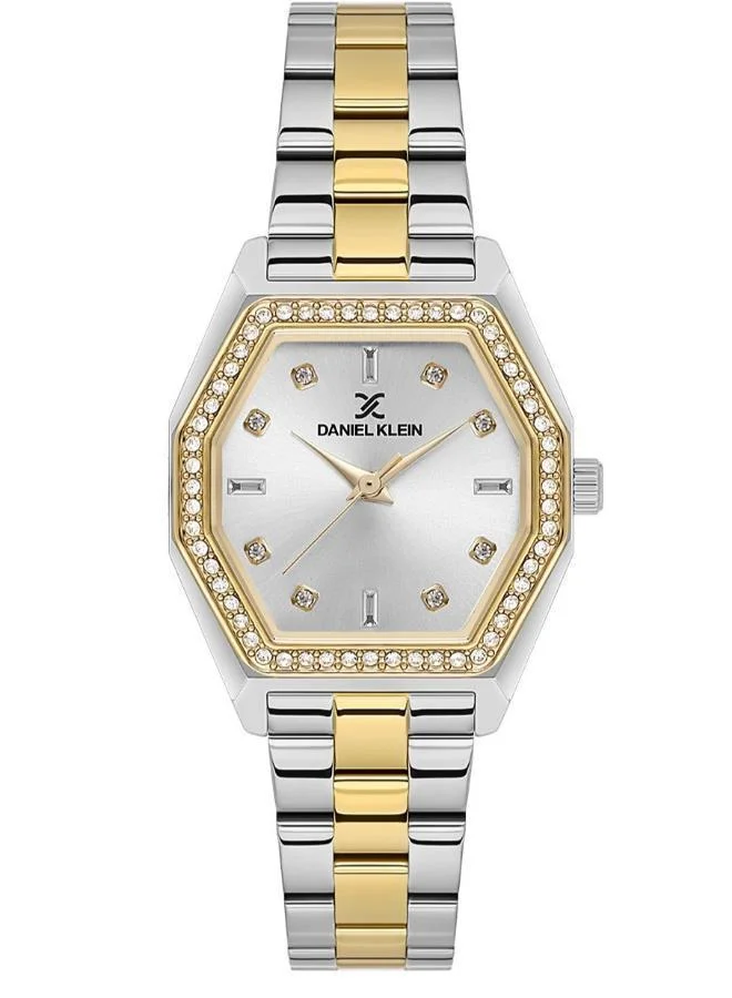Daniel Klein Women's Stainless Steel Silver and Gold Alloy Case Analog Silver Diamond Sunray Dial Japanese Quartz Premium 30 Meters Water Resistant