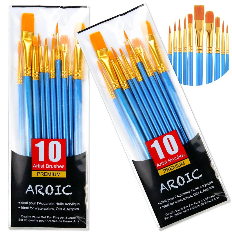 AROIC Acrylic Paint Brush Set, 2 Packs / 20 pcs Nylon Hair Brushes for All Purpose Oil Watercolor Painting Artist Professional Kits - Image 1