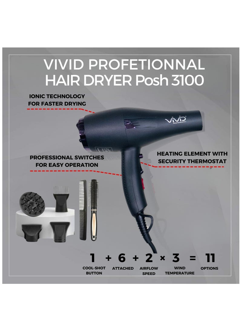 Vivid - Vivid Hair Dryer POSH 3100 Fast Drying with 2 Speed 2600 W,3 Heat Setting Cool Button, with Diffuser,Three Nozzle, Hair Comb,Concentrator Brush for All Hair Made with United Kingdom Technology - Image 1