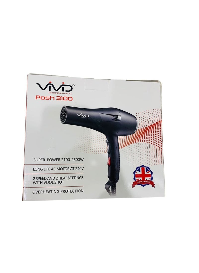 Vivid - Vivid Hair Dryer POSH 3100 Fast Drying with 2 Speed 2600 W,3 Heat Setting Cool Button, with Diffuser,Three Nozzle, Hair Comb,Concentrator Brush for All Hair Made with United Kingdom Technology - Image 1