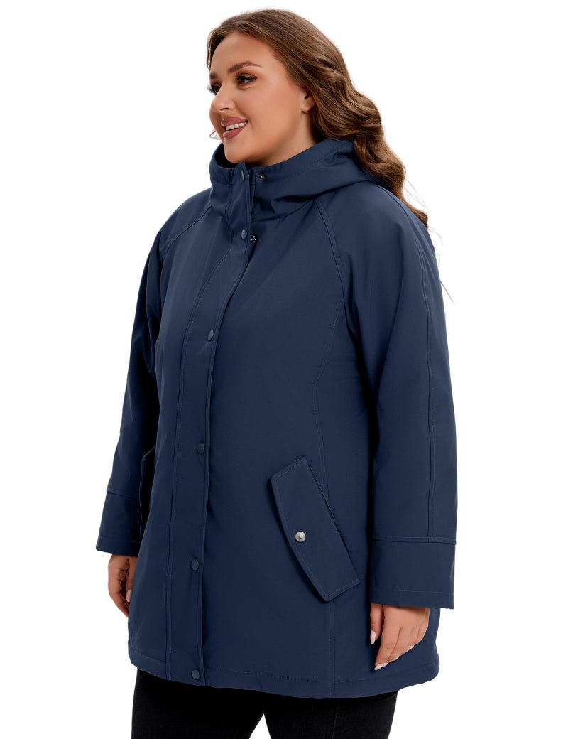 WINDMILL Womens Plus Size Softshell Jacket, Warm Windbreaker Coat with Hood Mid-length Winter Coat, Navy, 1X - Image 2
