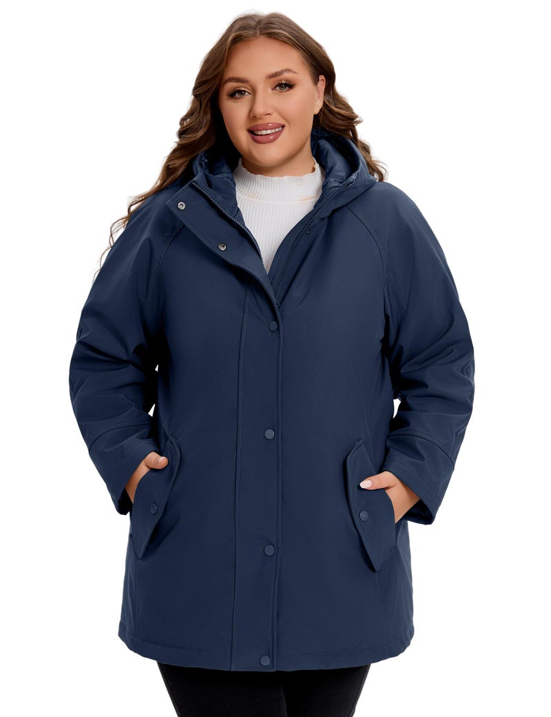 WINDMILL Womens Plus Size Softshell Jacket, Warm Windbreaker Coat with Hood Mid-length Winter Coat, Navy, 1X - Image 1