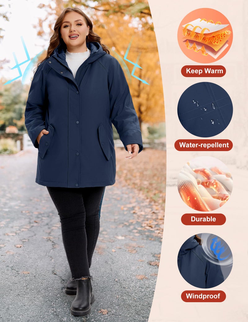 WINDMILL Womens Plus Size Softshell Jacket, Warm Windbreaker Coat with Hood Mid-length Winter Coat, Navy, 1X - Image 4