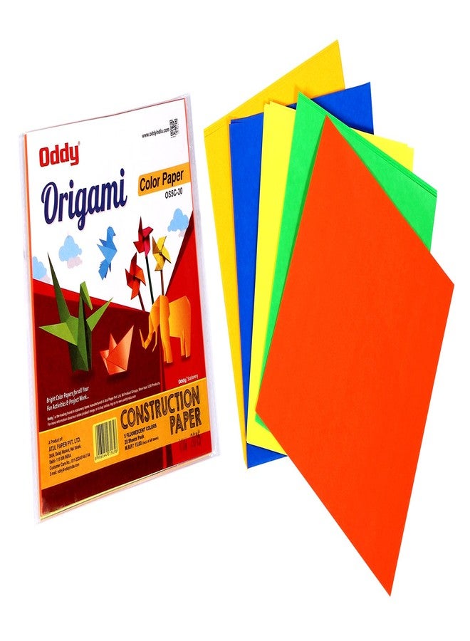 Oddy Origami Sheets, Single Side Fluorescent, 6”x6”,4 Sheets X 5 Color = 20 Sheets - 10 Pkt Pack - Image 1