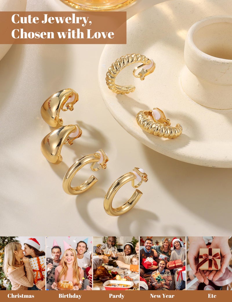 BESTEEL 3Pairs Clip on Earrings for Women Trendy Hypoallergenic 14K Gold Plated Chunky Tube Croissant Waterdrop Clip-on Hoop Earrings Set Fake Jewelry Non Pierced Ears - Image 5