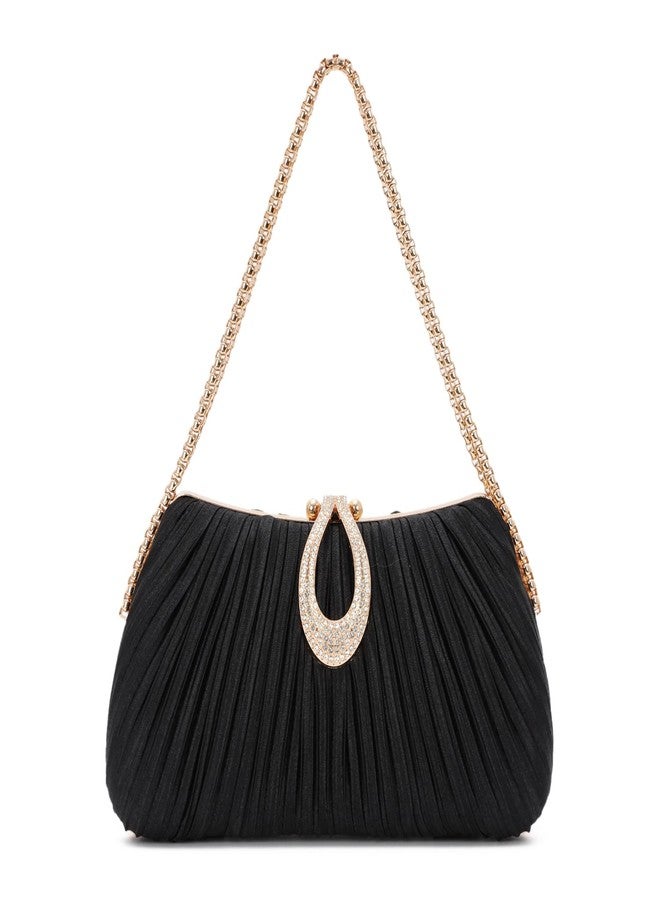 Oweisong Clutch Purses for Women Evening Clutch Bag Satin Pleated Handbag Crossbody Shoulder Bag for Formal Wedding Black - Image 1
