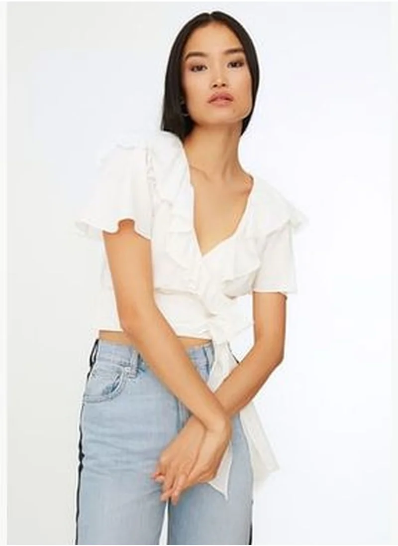 trendyol Ecru Woven Ruffle and Tie Detail Blouse TWOSS20BZ0351