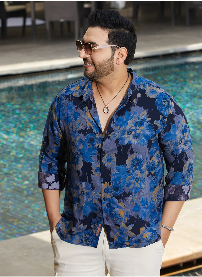 Instafab Plus Instafab Plus Men's Lapis Blue Bi-Hue Daisy Shirt For Casual Wear | Spread Collar | Long Cuffed Sleeves | Button Closure | Plus Size Shirt Crafted With Comfort Fit For Everyday Wear