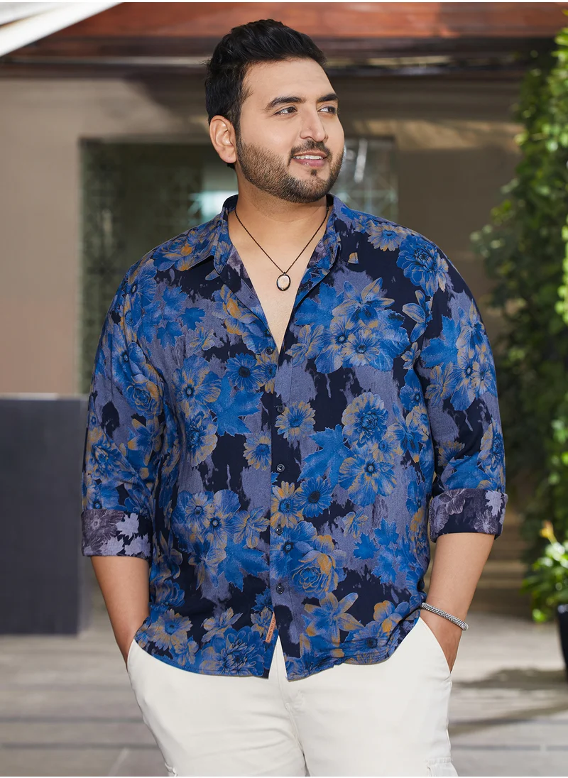 Instafab Plus Instafab Plus Men's Lapis Blue Bi-Hue Daisy Shirt For Casual Wear | Spread Collar | Long Cuffed Sleeves | Button Closure | Plus Size Shirt Crafted With Comfort Fit For Everyday Wear