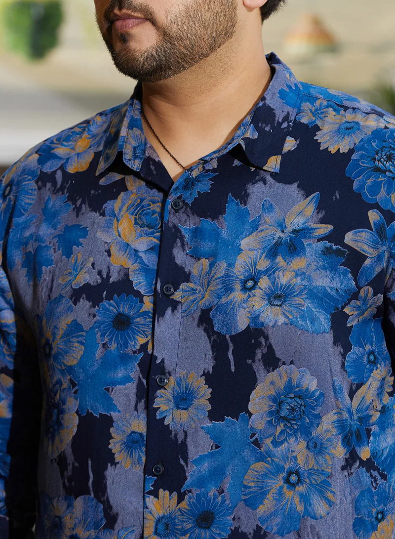 Instafab Plus Instafab Plus Men's Lapis Blue Bi-Hue Daisy Shirt For Casual Wear | Spread Collar | Long Cuffed Sleeves | Button Closure | Plus Size Shirt Crafted With Comfort Fit For Everyday Wear