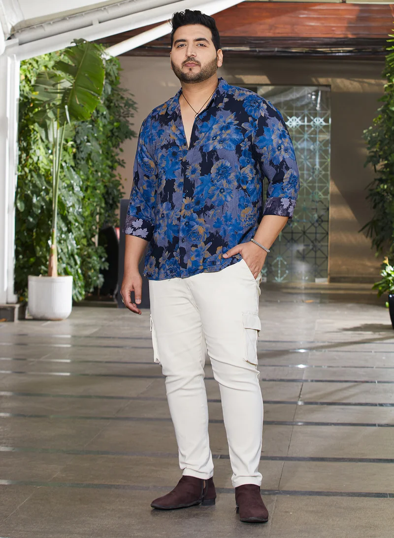 Instafab Plus Instafab Plus Men's Lapis Blue Bi-Hue Daisy Shirt For Casual Wear | Spread Collar | Long Cuffed Sleeves | Button Closure | Plus Size Shirt Crafted With Comfort Fit For Everyday Wear