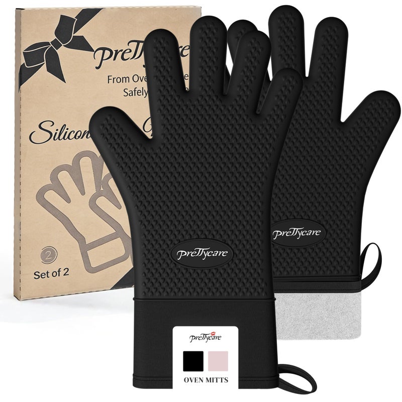 PrettyCare Extra Long 14in Silicone Oven Mitts, 2 Pcs Heat Resistant Waterproof Oven Gloves with Fingers, Non-Slip Cotton Lined Mitt for Baking, Grilling, Air Fryer & Kitchen Essentials, Gift for Men - Image 1