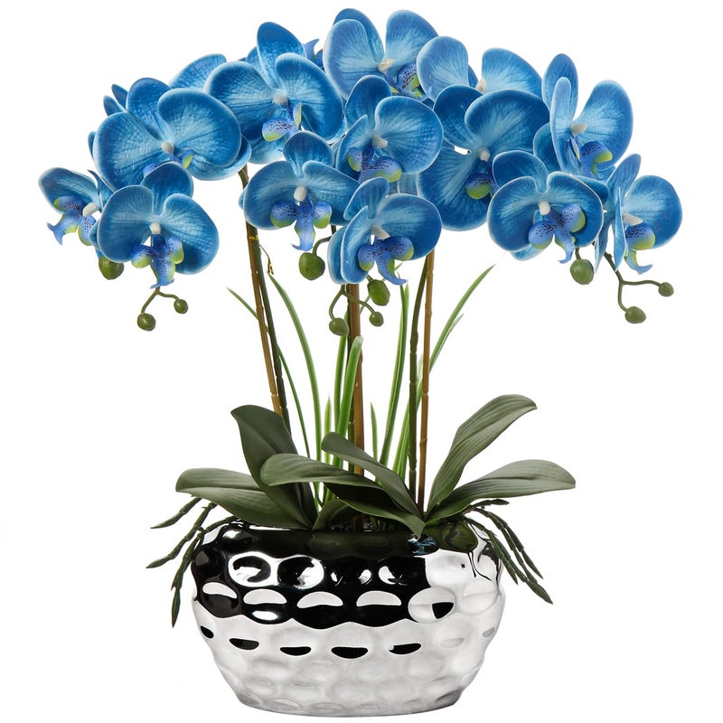 Briful Orchids Artificial Flowers 18 Blue Phalaenopsis Large Orchid with Silver Ceramic Pots Fake Orchid Flower for Home Office Bathroom Living Room Table Decoration