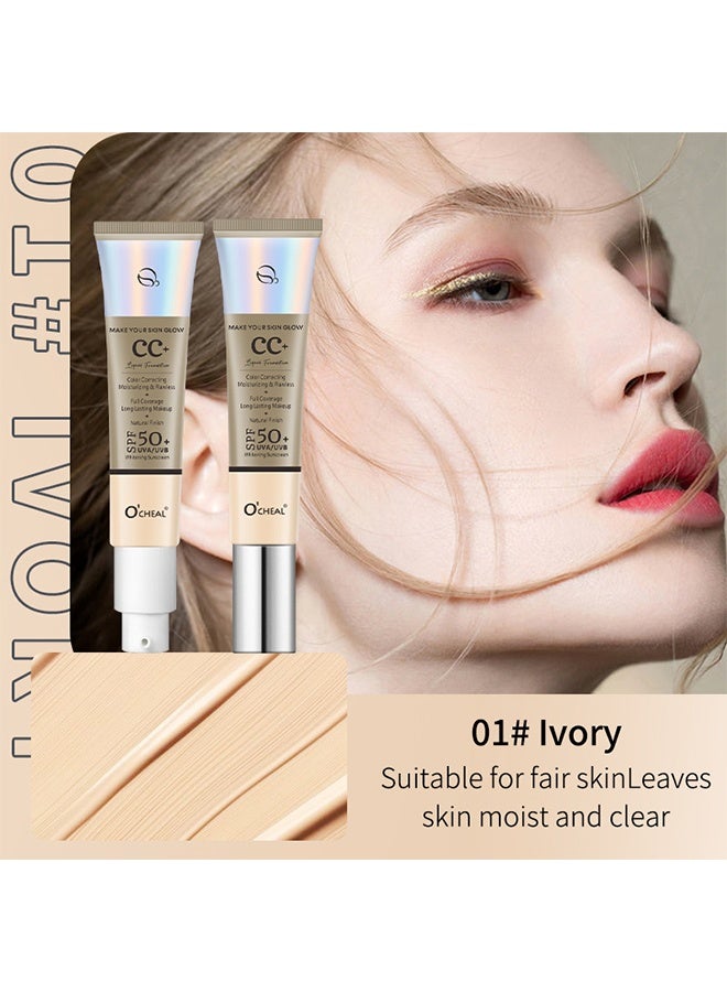 OCHEAL CC Cream, Full Coverage Foundation With SPF 50+ Whitening Sunscreen, CC Cream Foundation Anti-Redness, Colour Correcting And Brightening Face Cream, Skin Tone Adjusting CC Cream,( #01 Ivory Tint) - Image 2