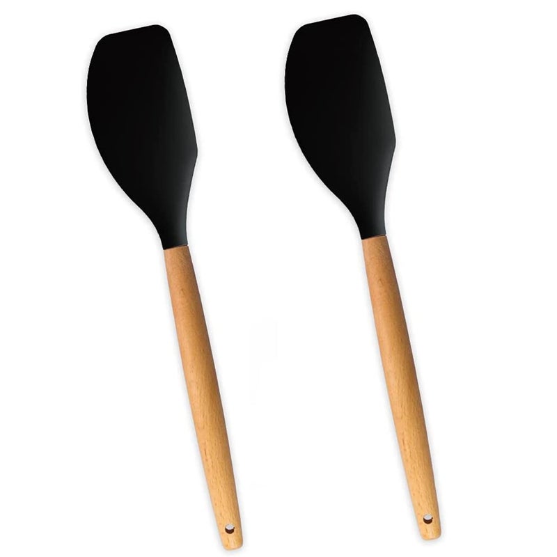 FS COOL 446F Heat Resistance Kitchen Cooking Silicone Spatula Set Turner for Nonstick Cookware with Natural Wooden Handle Kitchen Gift Kitchen Tool for Integrated Kitchens Pack of 2 Black - Image 1