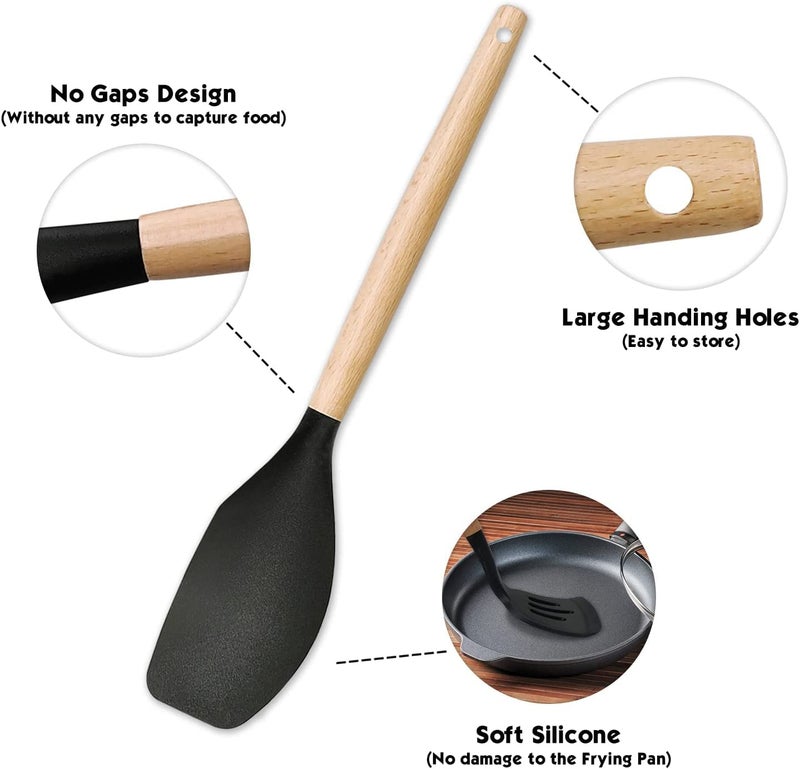 FS COOL 446F Heat Resistance Kitchen Cooking Silicone Spatula Set Turner for Nonstick Cookware with Natural Wooden Handle Kitchen Gift Kitchen Tool for Integrated Kitchens Pack of 2 Black - Image 3