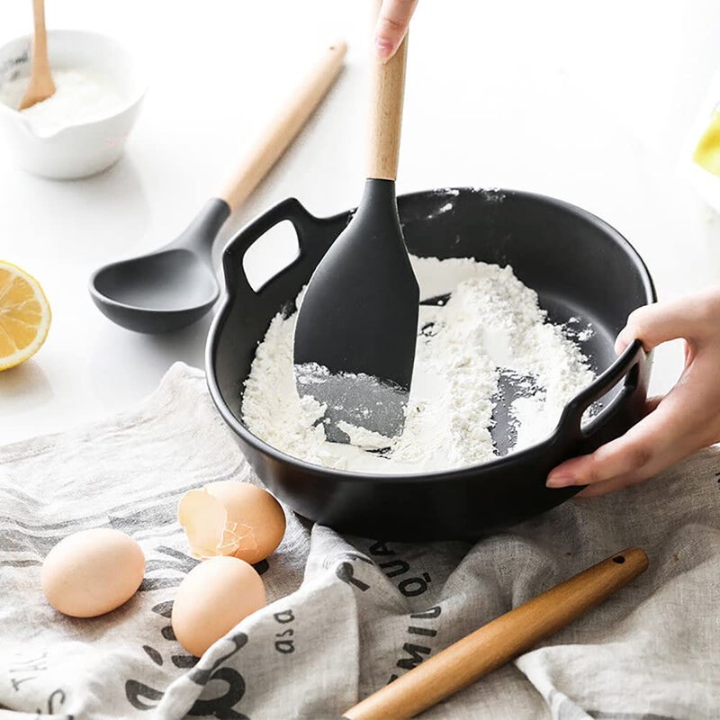 FS COOL 446F Heat Resistance Kitchen Cooking Silicone Spatula Set Turner for Nonstick Cookware with Natural Wooden Handle Kitchen Gift Kitchen Tool for Integrated Kitchens Pack of 2 Black - Image 5