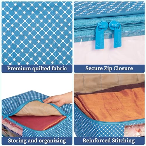 Homestrap set of 2 Cotton Quilted 3 Layered Foldable Saree Covers/Clothes Storage Bag/Wardrobe Organizer With Transparent Window And Zip For Lehenga, Suit, Dress,& Accessories (Blue) - Image 4