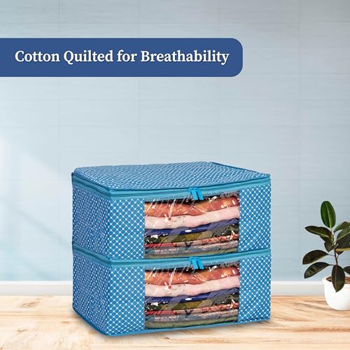 Homestrap set of 2 Cotton Quilted 3 Layered Foldable Saree Covers/Clothes Storage Bag/Wardrobe Organizer With Transparent Window And Zip For Lehenga, Suit, Dress,& Accessories (Blue) - Image 5