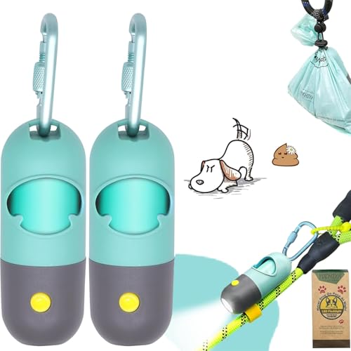 YUCHIYA Dog Poop Waste Bags Holder with LED Flashlight|Cute Doggie Poo Bags Dispenser for Pet Leash|Trash Waste Bags Carrier with Potty Bags Clip Fastener LR44 Button Cells Included(2 Pack) (Crystal Blue) - Image 1