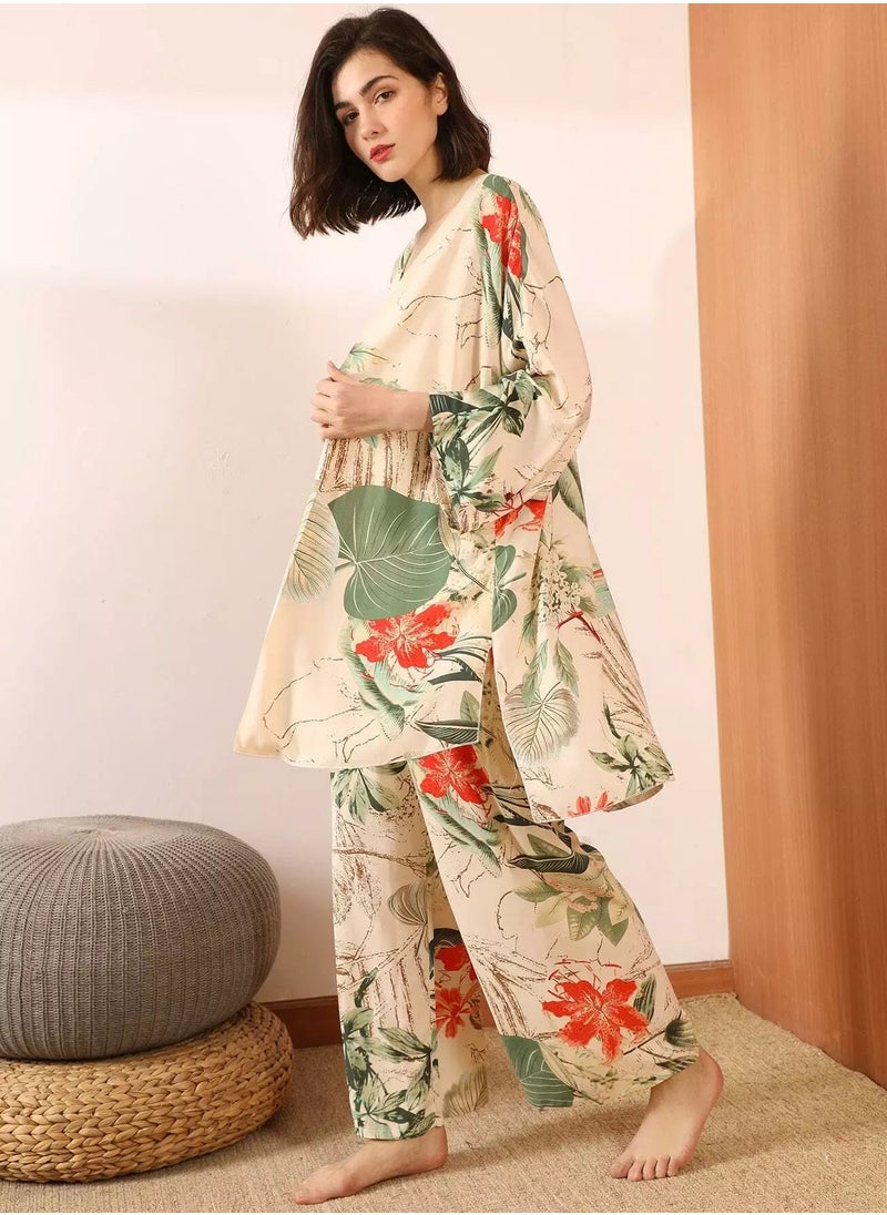 3pcs Tropical Print Cami PJ Set & Robe