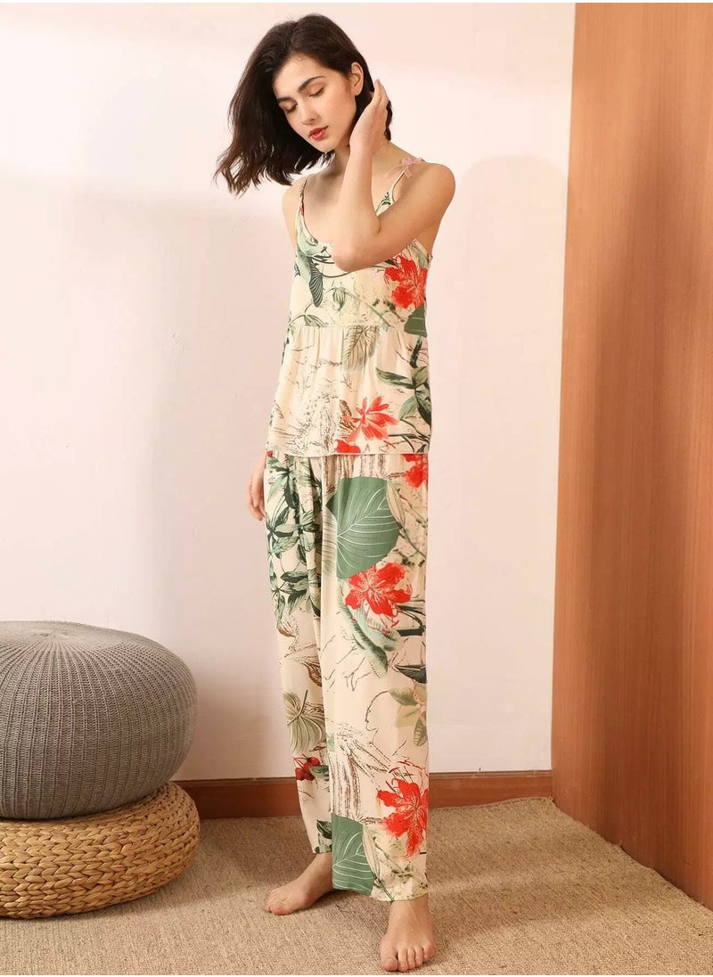3pcs Tropical Print Cami PJ Set & Robe