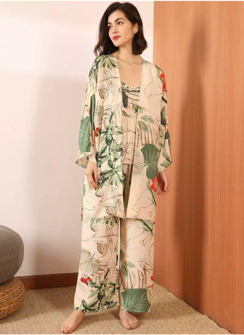 3pcs Tropical Print Cami PJ Set & Robe