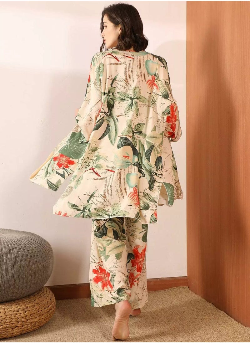 3pcs Tropical Print Cami PJ Set & Robe