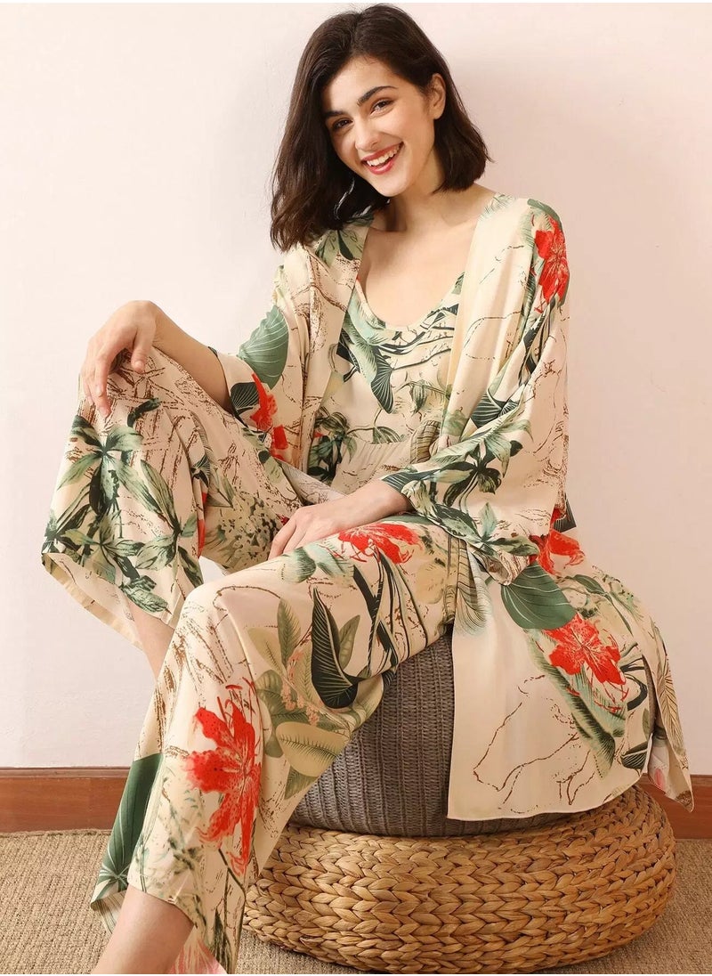 3pcs Tropical Print Cami PJ Set & Robe