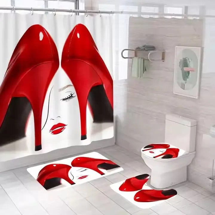 Y&D 4 Piece Printing Girl Fashion Red Beauty Luxury Designer Game Set Shower Curtain Rugs Complete Bathroom Set - Image 4