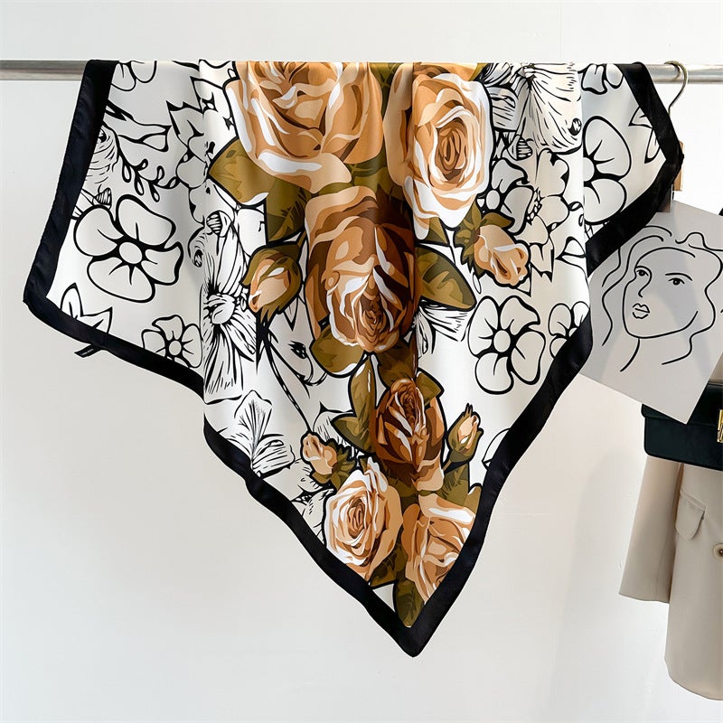 Rose Scarf Women's Twill Large Square Scarf All-match Decorative Shawl Autumn and Winter Scarf Color Matching Fashion Scarf Sunscreen  - Image 1
