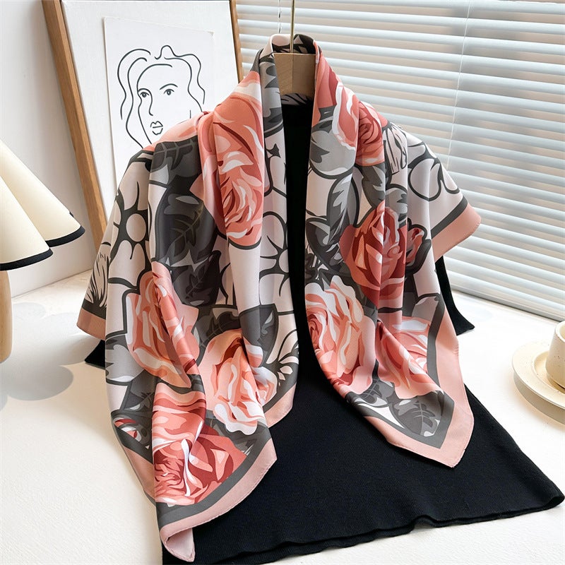 Rose Scarf Women's Twill Large Square Scarf All-match Decorative Shawl Autumn and Winter Scarf Color Matching Fashion Scarf Sunscreen  - Image 2