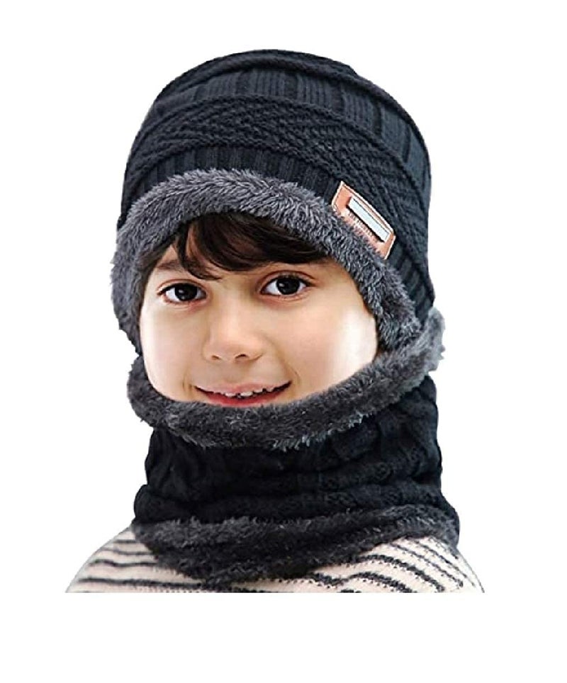 BeFall Winter Warm Hat Boy's & Girl's Outdoor Sports Headging Hat Scarf Set Boys Girls (5-14 Years) Warm Fleece Cap Scarf Set Ski Equipment (Black) - Image 1
