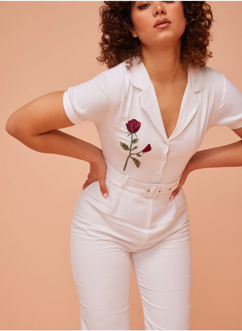 أشيتا فرنانديز Ashita Fernandes Margot White Linen Blend Ankle-Length Jumpsuit with Belt & Short Sleeve Blouse – Cute Flower Work, Retro Resort & Casual Summer Wear, Wrinkle-Resistant