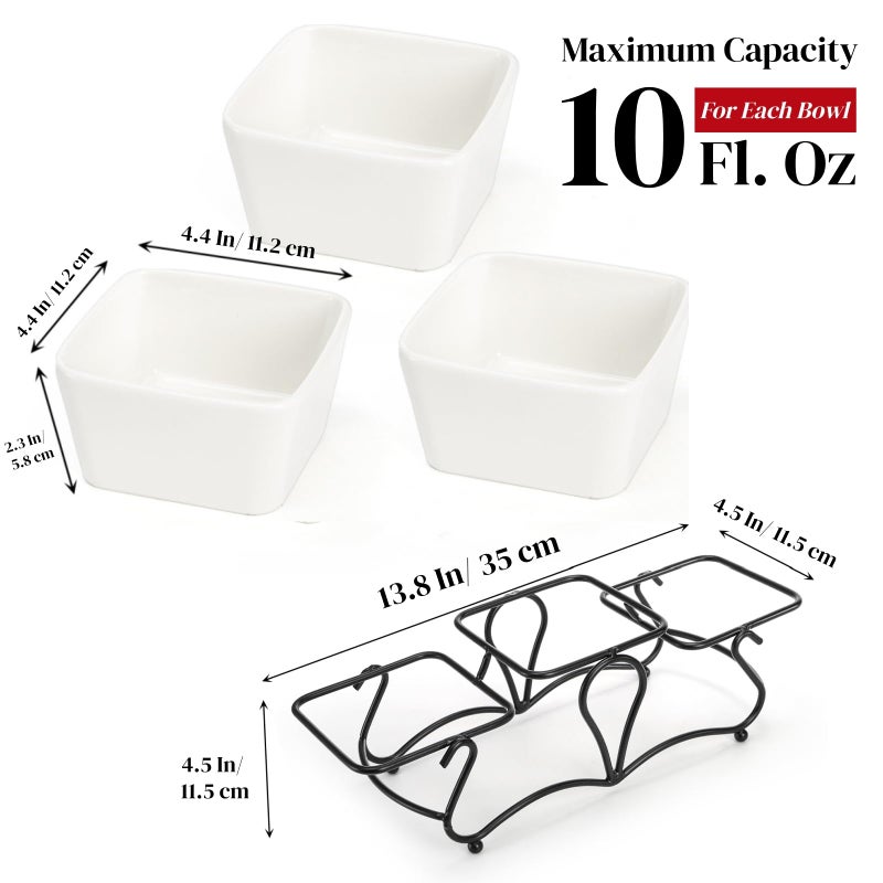 Eorbow 10 OZ Square Bowl Chip & Dip Serving Set, 3 Pieces Ceramic Condiment Server with Metal Stand, Serving Dish Tray for Party Entertaining, Small Snack Platters for Side Dish Appetizer Nuts - Image 2