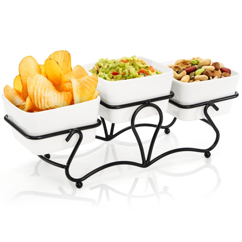 Eorbow 10 OZ Square Bowl Chip & Dip Serving Set, 3 Pieces Ceramic Condiment Server with Metal Stand, Serving Dish Tray for Party Entertaining, Small Snack Platters for Side Dish Appetizer Nuts - Image 1