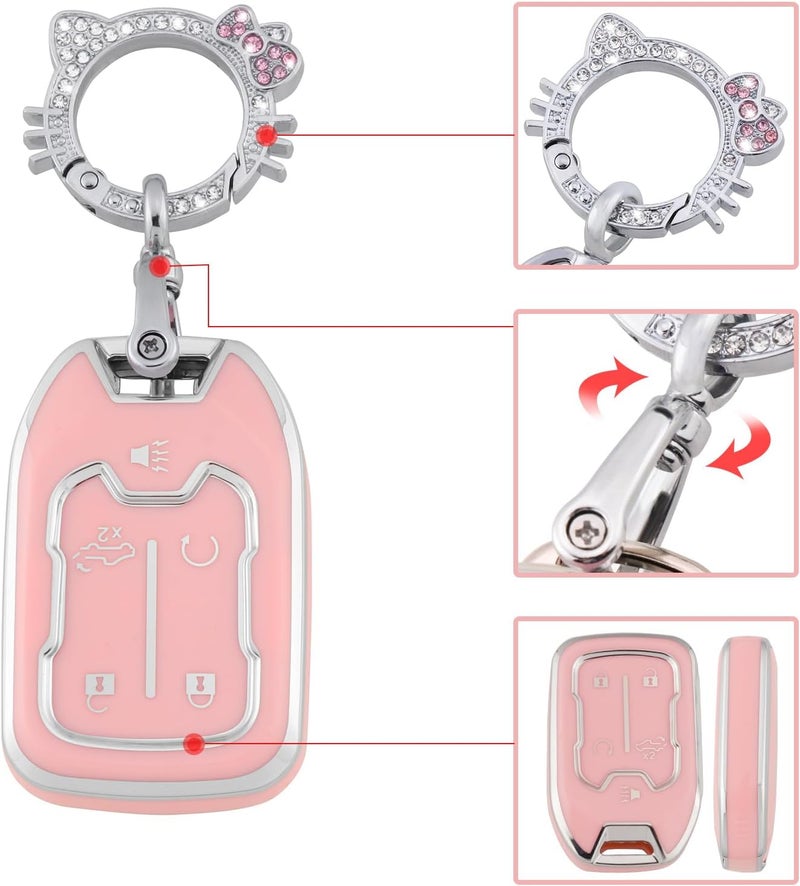 PANGPAI Pink Key Fob Cover for Chevy GMC, Soft TPU Key Case Protection with Bling Keychain Fit for Silverado GMC Sierra 1500 2500HD 3500HD Terrain Acadia 5 Buttons - Image 4