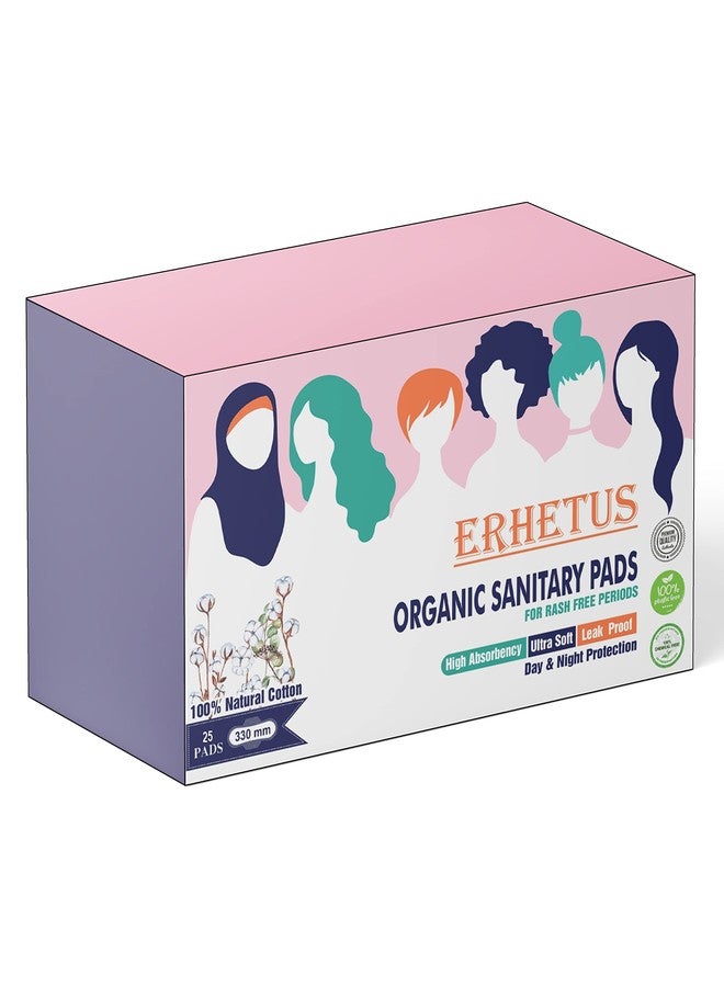 ERHETUS Biodegradable Sanitary Pads for Women, Pure Organic Cotton & Bamboo Fiber Base Sanitary Napkins | Soft, Ultra-thin, High Absorbent, Rash Free Pad for Day-Night Protection - 25 Pads, XXL, 350mm - Image 1