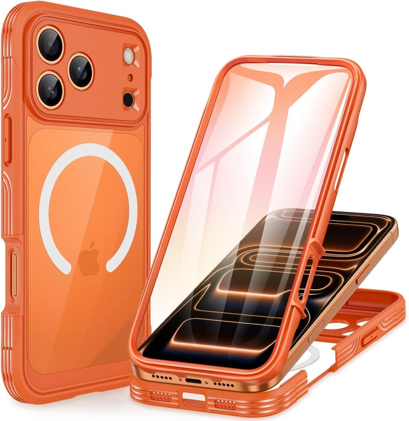 CENHUFO Magnetic Case for iPhone 17 Pro Max [Compatible with MagSafe] Built-in 9H Tempered Glass Screen Protector and Camera Protection, Shockproof Phone Cover Double Sided Full Case – Orange Universal design - Image 1