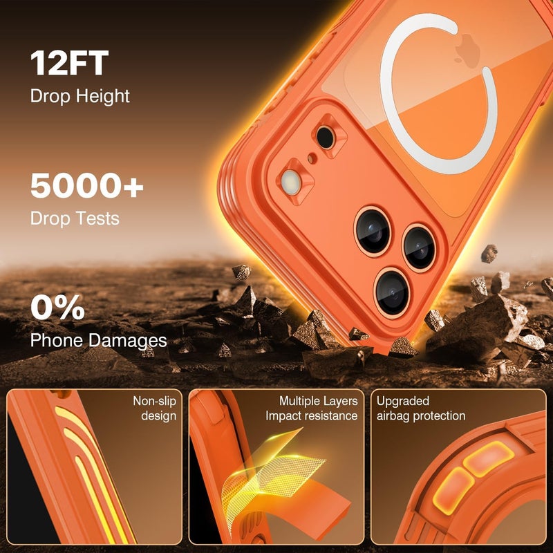CENHUFO Magnetic Case for iPhone 17 Pro Max [Compatible with MagSafe] Built-in 9H Tempered Glass Screen Protector and Camera Protection, Shockproof Phone Cover Double Sided Full Case – Orange Universal design - Image 5