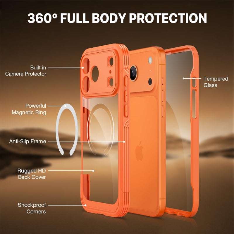 CENHUFO Magnetic Case for iPhone 17 Pro Max [Compatible with MagSafe] Built-in 9H Tempered Glass Screen Protector and Camera Protection, Shockproof Phone Cover Double Sided Full Case – Orange Universal design - Image 2