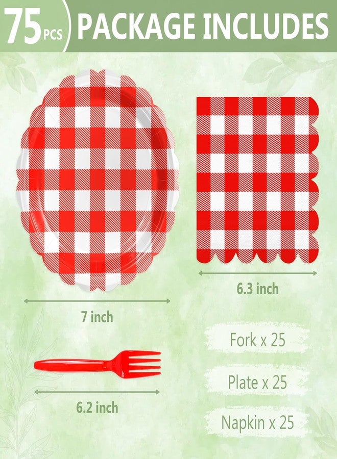 Mulbozy 75 Red Gingham Plates and Napkins Disposable Set Includes 25 Dessert Cake Scalloped Plates, Cocktail Napkins & Forks, for Fork 25 Guests Holiday Party Supplies. - Image 2