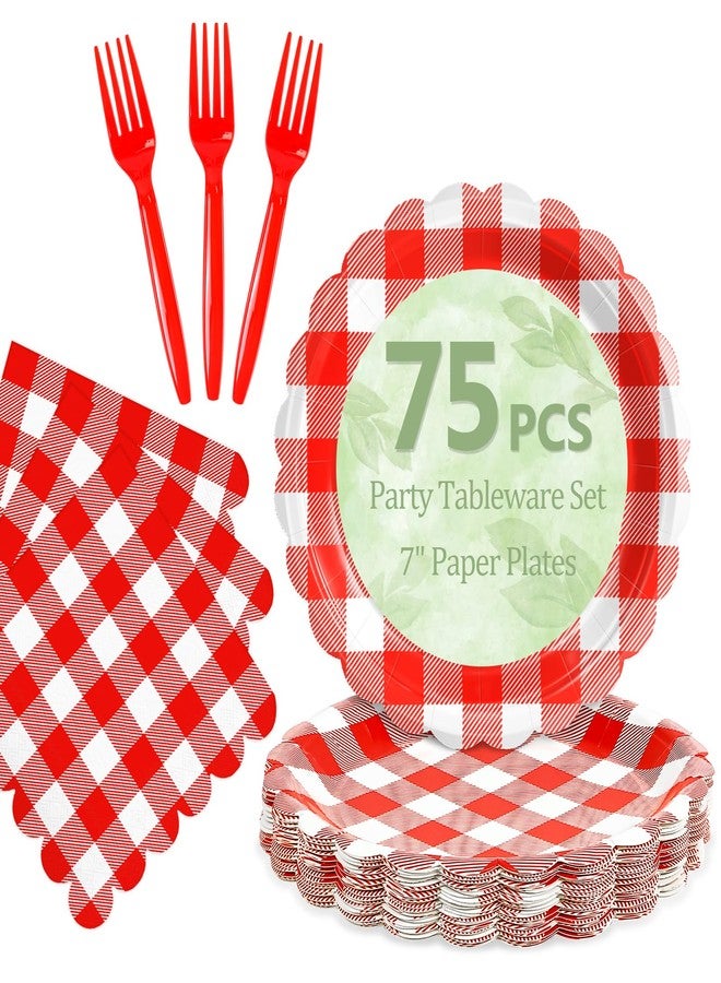 Mulbozy 75 Red Gingham Plates and Napkins Disposable Set Includes 25 Dessert Cake Scalloped Plates, Cocktail Napkins & Forks, for Fork 25 Guests Holiday Party Supplies. - Image 1