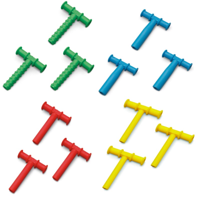 Chewy Tubes أنابيب مضغ، عبوة 12 - 3 أخضر (مُدبب)، 3 أزرق (كبير)، 3 أحمر (متوسط) و3 أصفر (صغير) أنابيب مضغ - أداة علاج حسية للأطفال والبالغين - Image 1