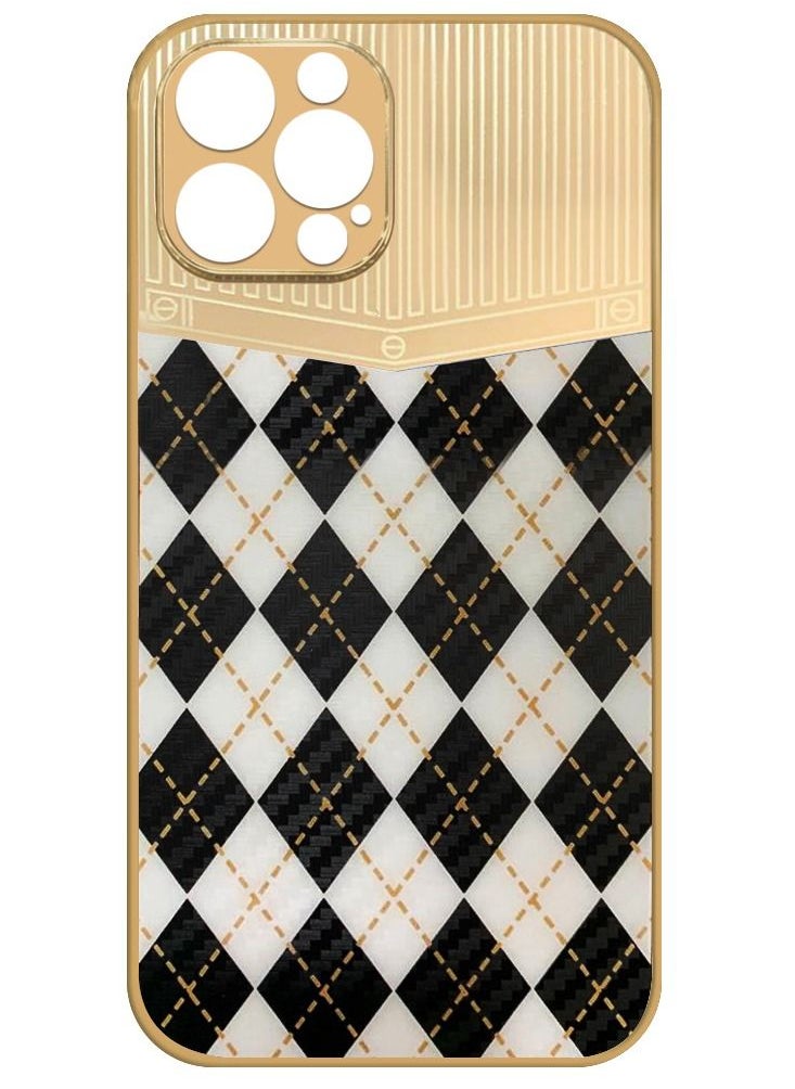 JOWAY iPhone 12 Pro Max Luxury Gold Plated Case Hybrid Electroplated Frame Back Cover with Carbon Fiber Texture Rhombus Pattern White/Black  - Image 2