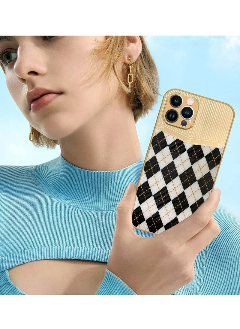 JOWAY iPhone 12 Pro Max Luxury Gold Plated Case Hybrid Electroplated Frame Back Cover with Carbon Fiber Texture Rhombus Pattern White/Black  - Image 3